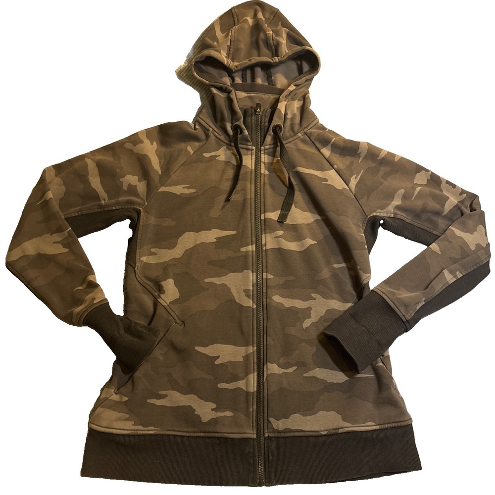 Athleta Camo Full Zip Hoodie Women's Brown Excellent Fleece Lined Thumbhole Med